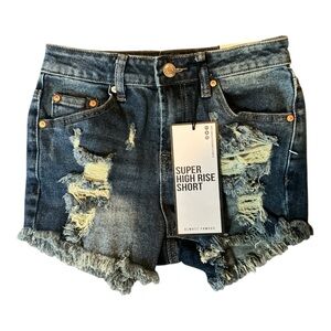 Almost Famous Women's Super High Rise Distressed Jean Shorts - Blue